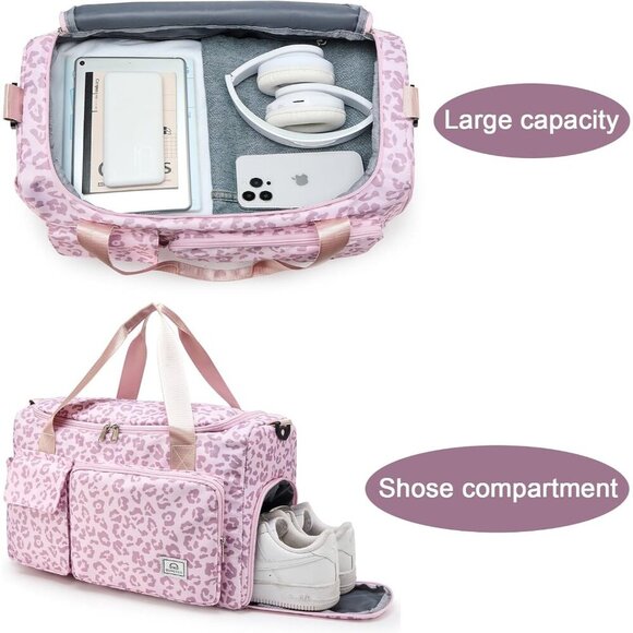 Women Pink Leaoopard Small Gym Carry On Weekender Travel Shoe Compartment Bag - Picture 4 of 6